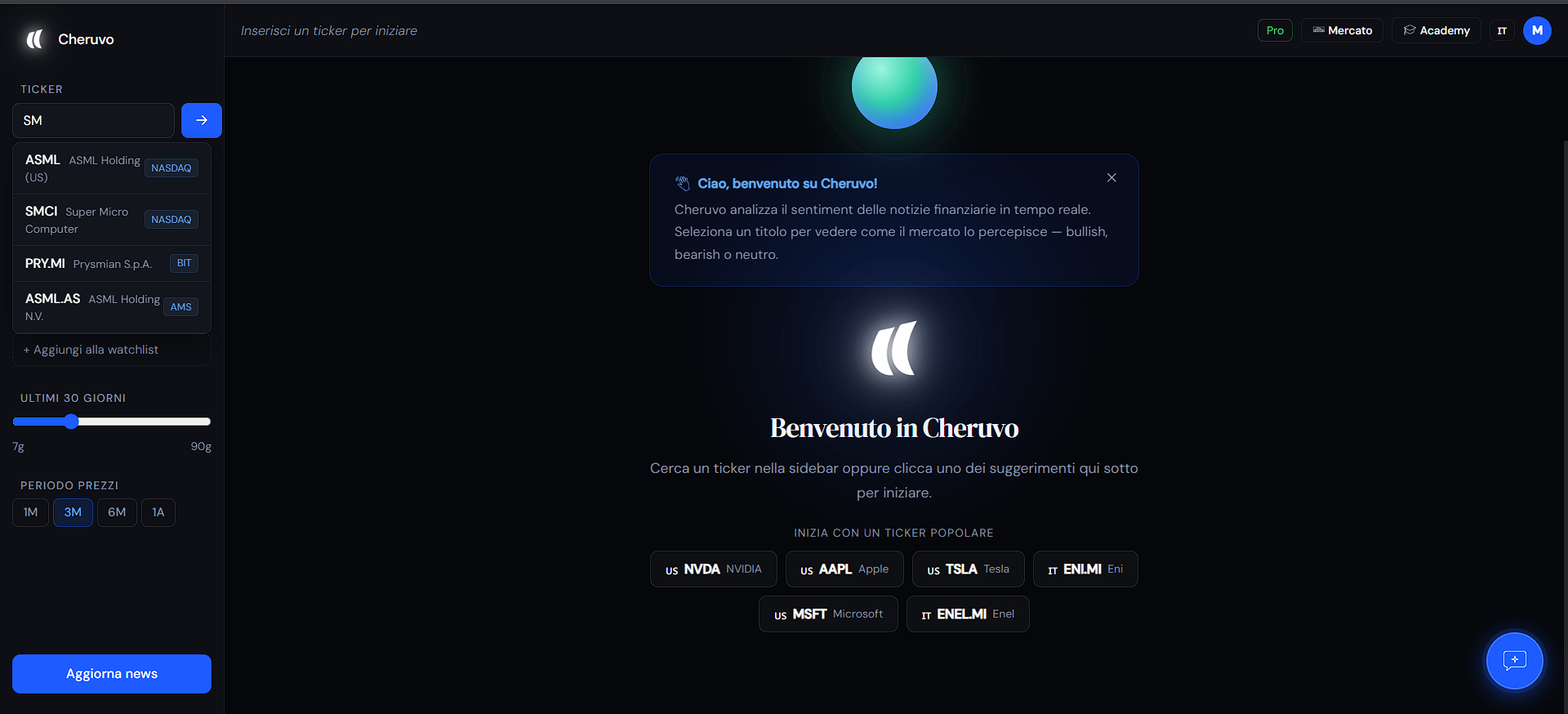 Ricerca di un ticker nella barra laterale